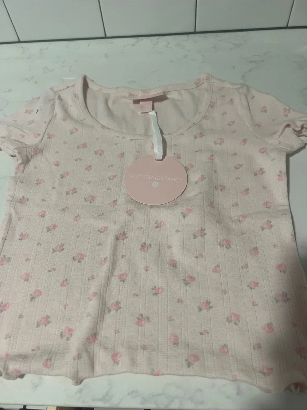 LoveShackFancy Pink Floral Ribbed Short Sleeve Tee for Kids